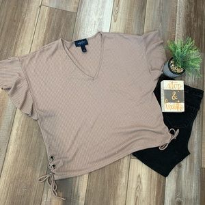 Daytrip taupe waffle knit flutter sleeve top